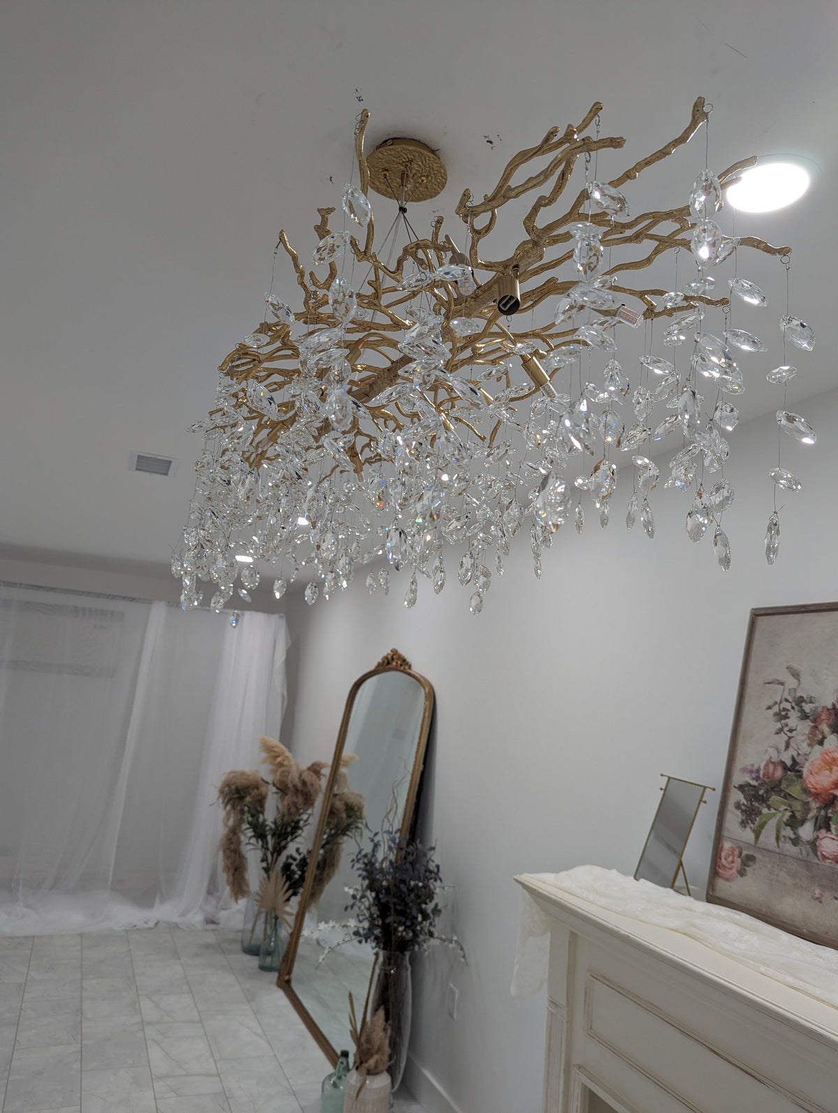 Crystal Branch Chandelier with LED Lights for Dining Room & Living Space | Modern Hanging Fixture | Adjustable Chain | Round or Rectangular | Thomler