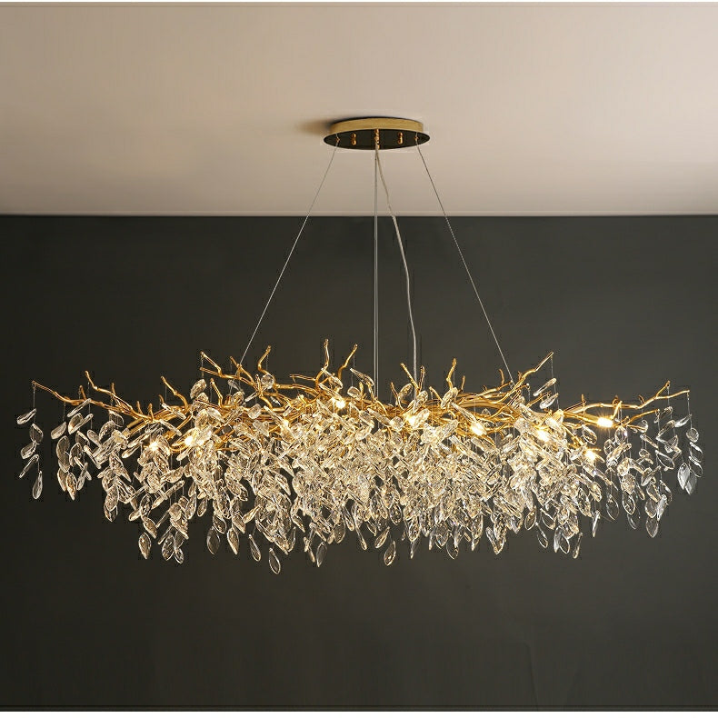 Crystal Branch Chandelier with LED Lights for Dining Room & Living Space | Modern Hanging Fixture | Adjustable Chain | Round or Rectangular | Thomler