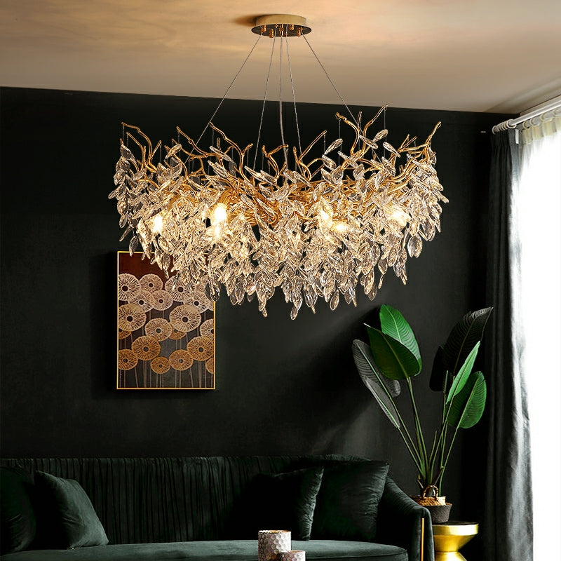 Crystal Branch Chandelier with LED Lights for Dining Room & Living Space | Modern Hanging Fixture | Adjustable Chain | Round or Rectangular | Thomler