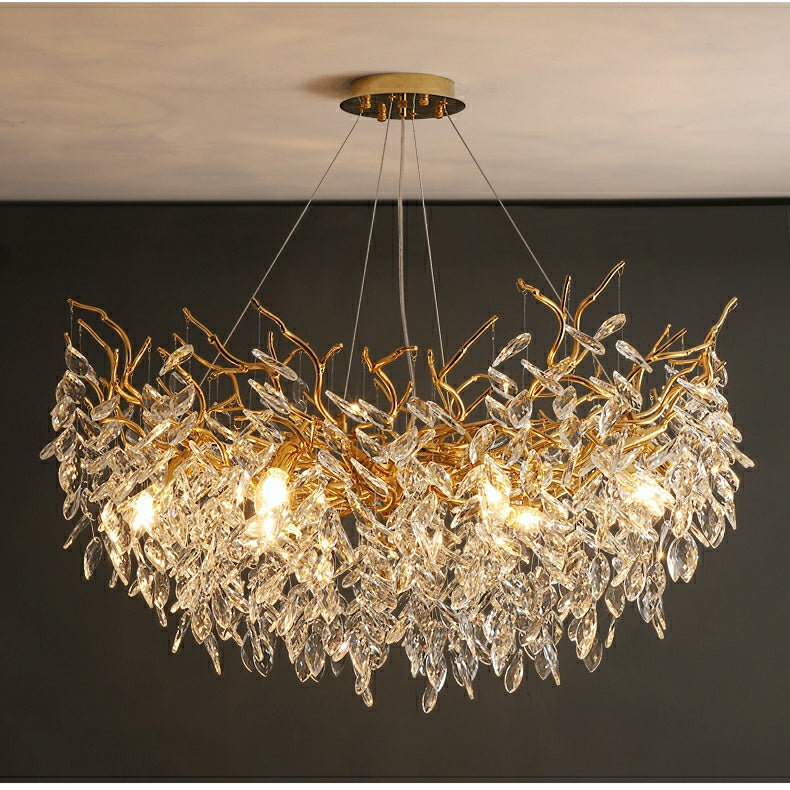 Crystal Branch Chandelier with LED Lights for Dining Room & Living Space | Modern Hanging Fixture | Adjustable Chain | Round or Rectangular | Thomler