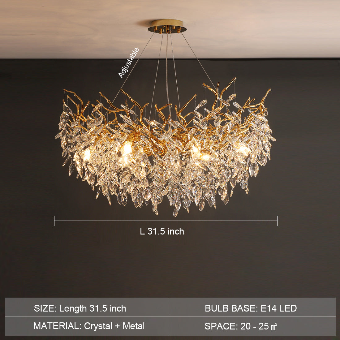 Crystal Branch Chandelier with LED Lights for Dining Room & Living Space | Modern Hanging Fixture | Adjustable Chain | Round or Rectangular | Thomler