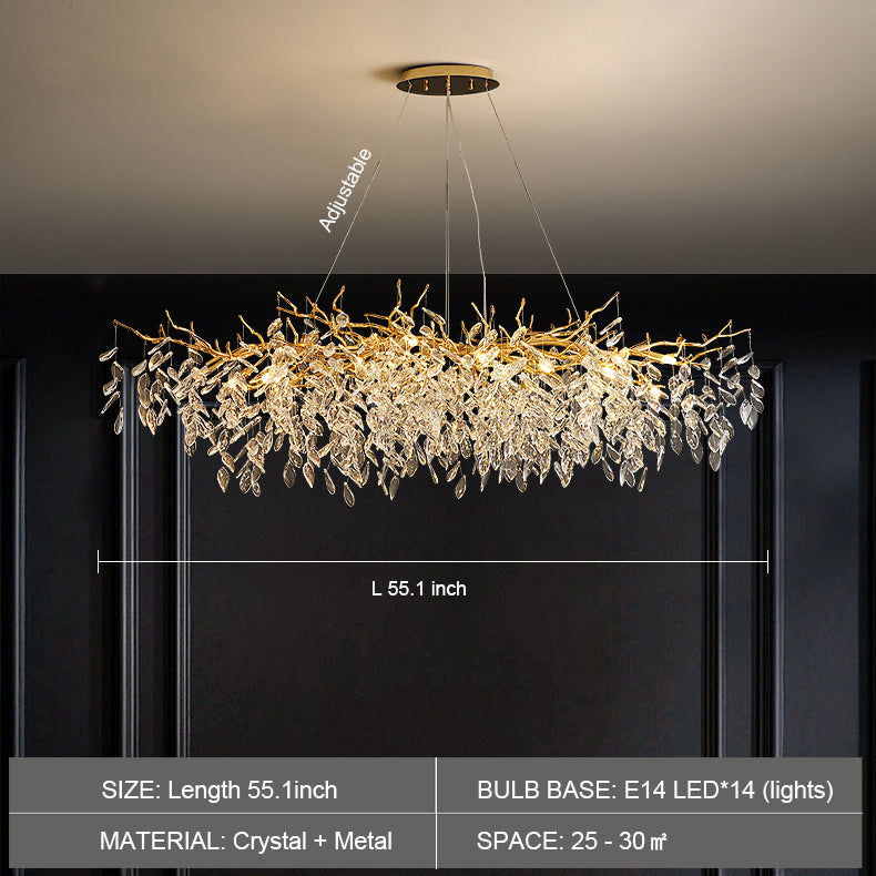 Crystal Branch Chandelier with LED Lights for Dining Room & Living Space | Modern Hanging Fixture | Adjustable Chain | Round or Rectangular | Thomler