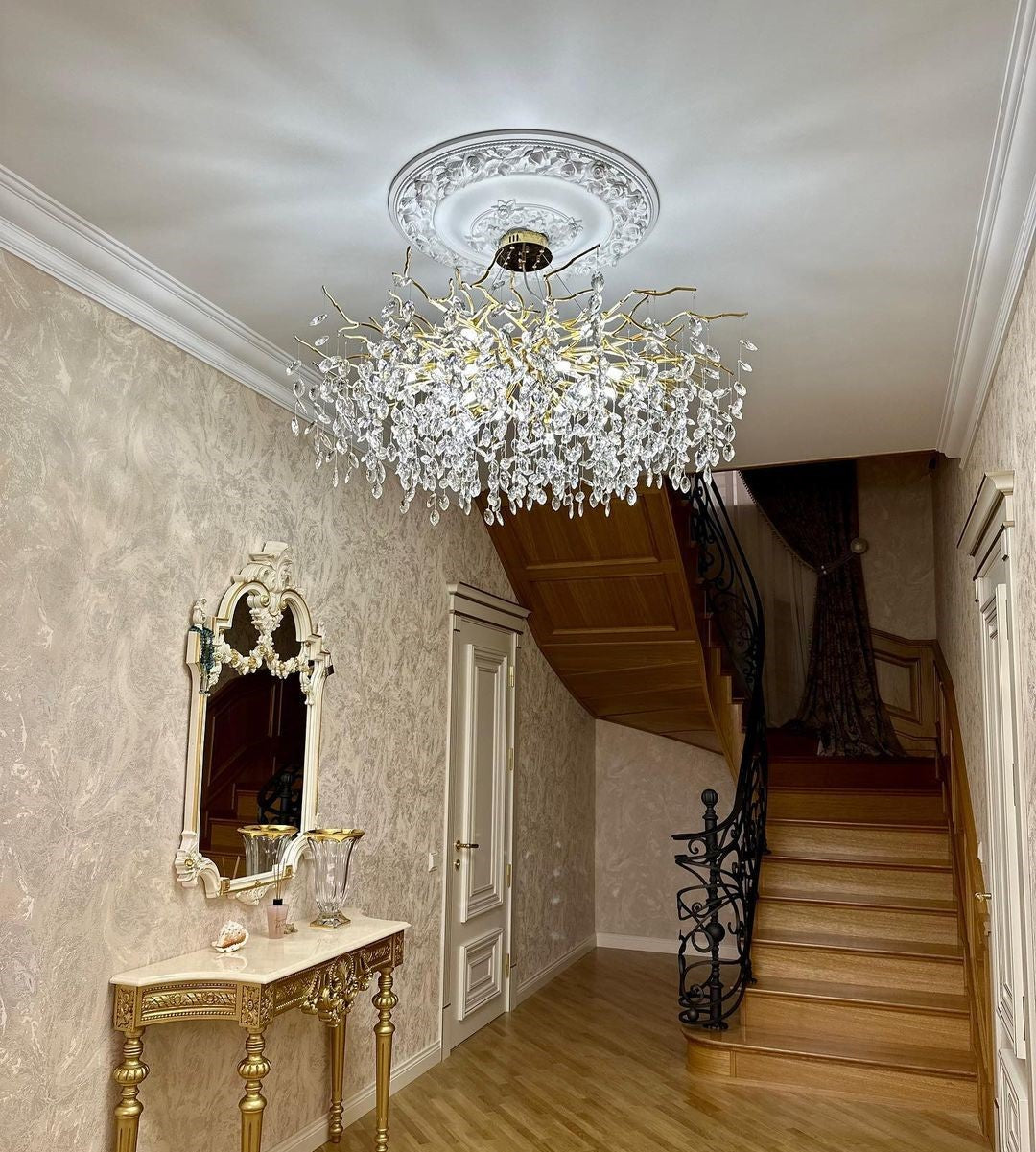 Crystal Branch Chandelier with LED Lights for Dining Room & Living Space | Modern Hanging Fixture | Adjustable Chain | Round or Rectangular | Thomler