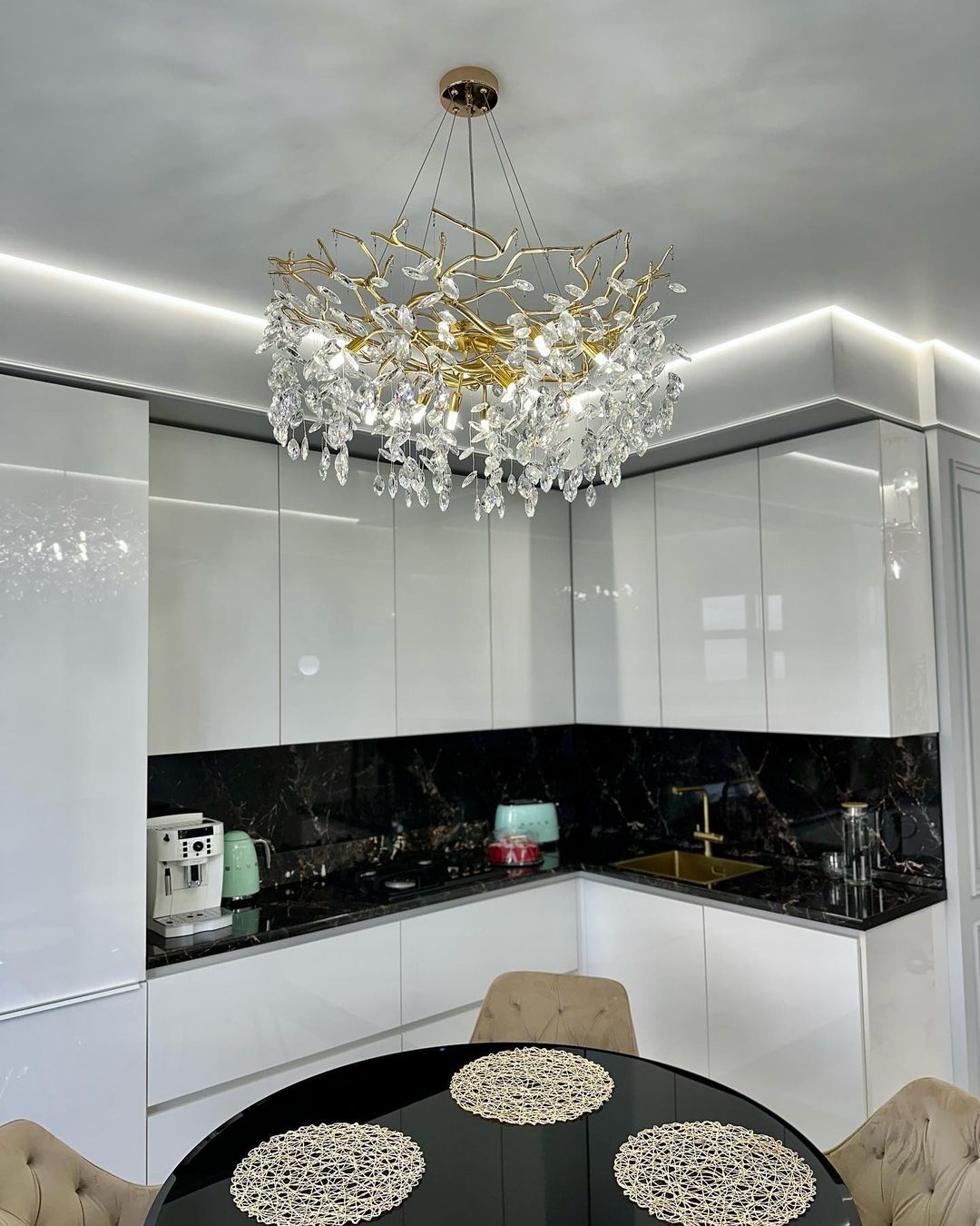 Crystal Branch Chandelier with LED Lights for Dining Room & Living Space | Modern Hanging Fixture | Adjustable Chain | Round or Rectangular | Thomler