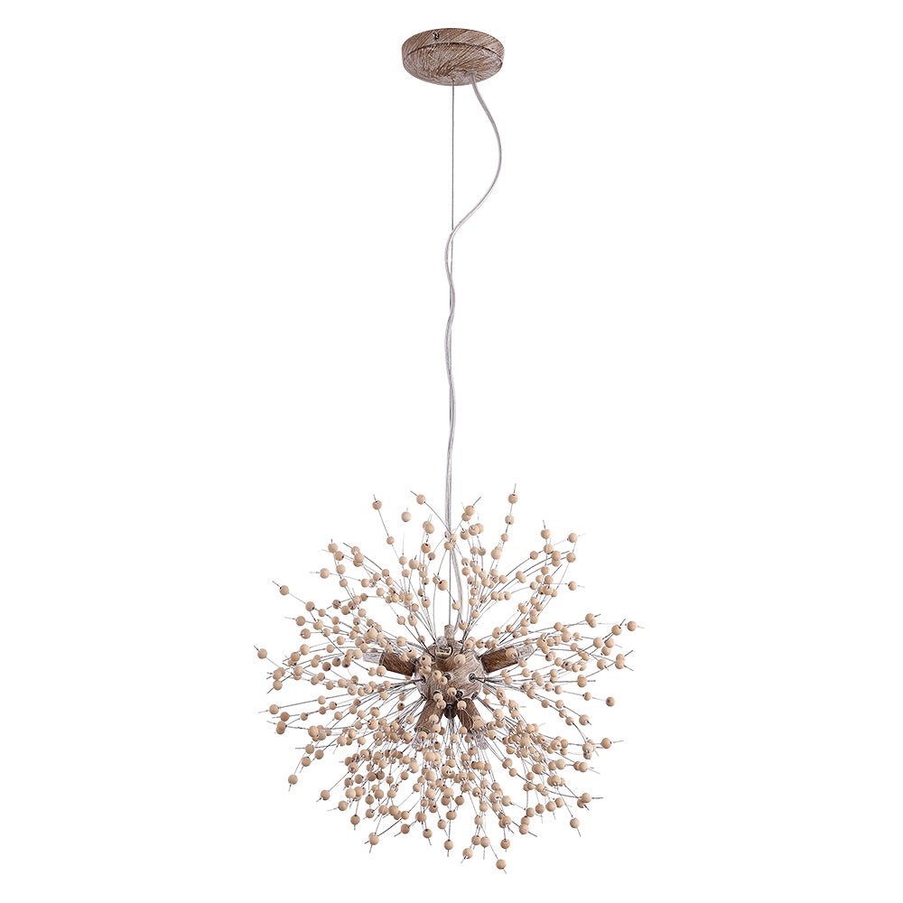 Dandelion Burst Pendant Light with Wooden Beads | Starburst Chandelier for Dining Room & Living Room | Adjustable Height Ceiling Light | Thomler