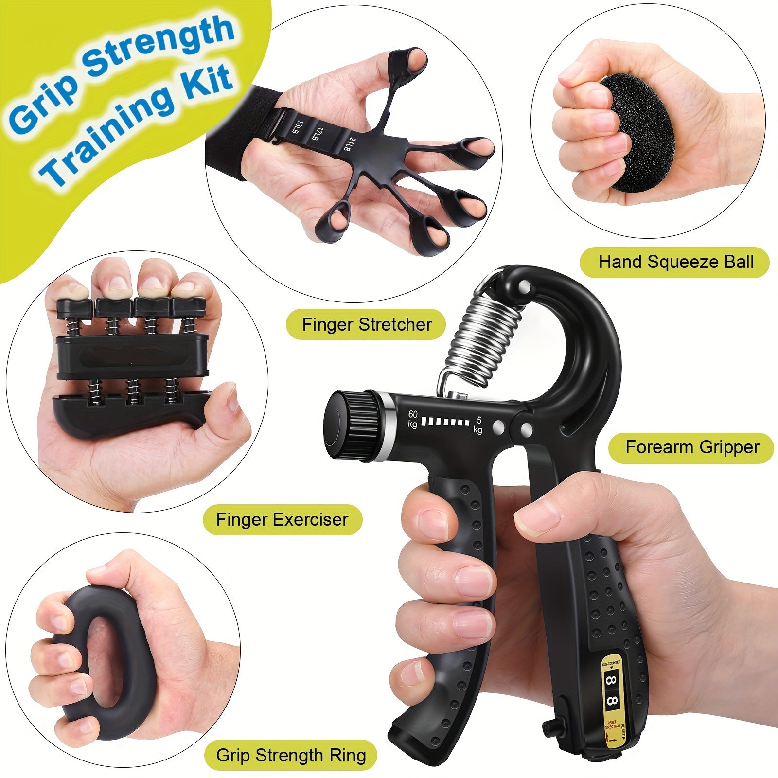 Hand Grip Strengthener Kit 5-Piece Training Set for Fingers Forearms Wrists Rehabilitation Therapy Workout Tools Musicians Athletes | Thomler