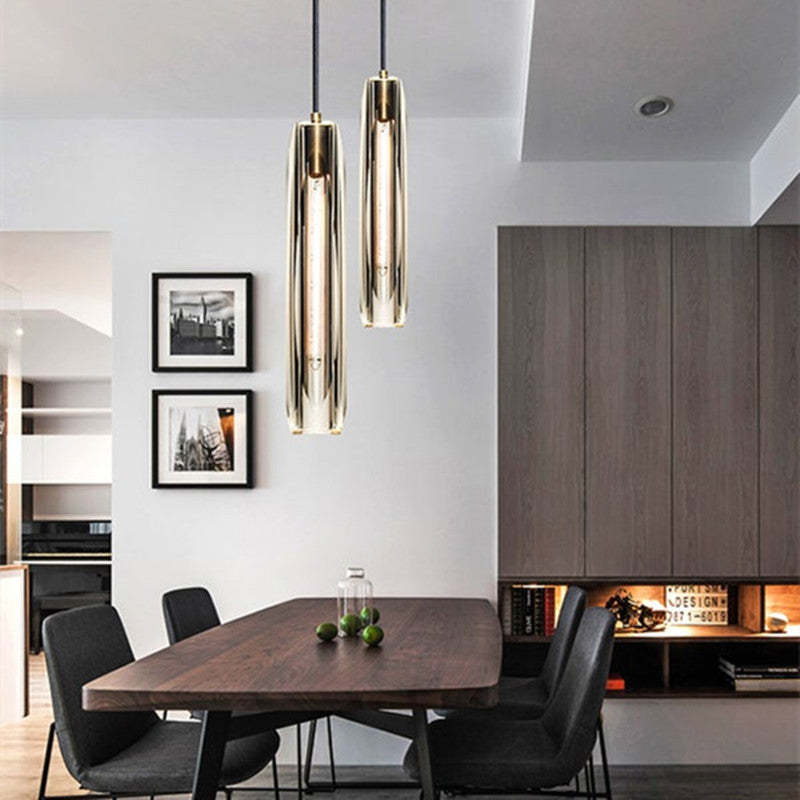 Pendant Light Glass Cylinder 15 in Adjustable Hanging Bedroom Dining Room Ceiling Fixture Modern Minimalist Lighting | Thomler