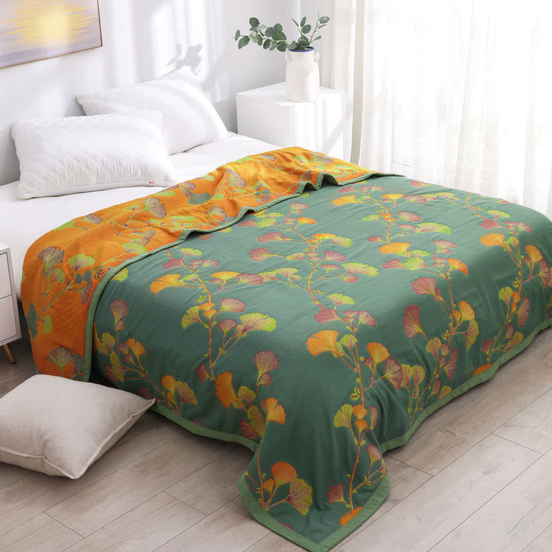 Reversible Cotton Throw Blanket with Ginkgo Leaf Pattern – Lightweight Summer Quilt for Bed, Sofa & Travel | Thomler