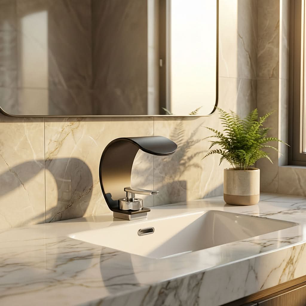 Curved Waterfall Bathroom Sink Faucet with Mirror Finish – Single Handle Hot & Cold Mixer Tap for Modern Vanity & Basin – Polished | Thomler