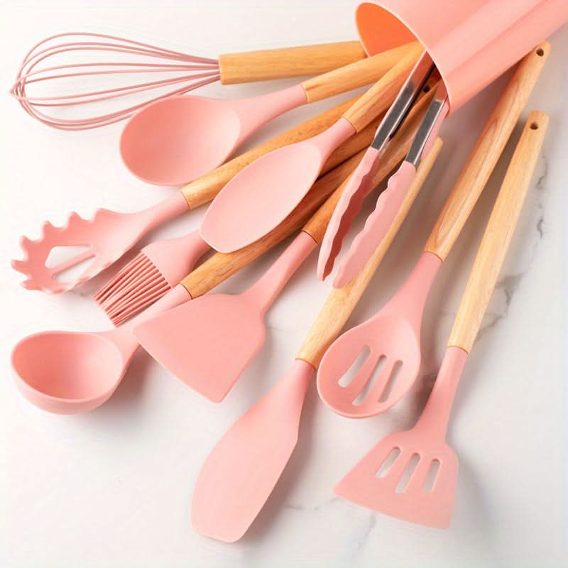 12-Piece Silicone Kitchen Utensil Set with Wooden Handles – Heat Resistant to 446°F, Dishwasher Safe, BPA-Free Cooking Tools | Thomler