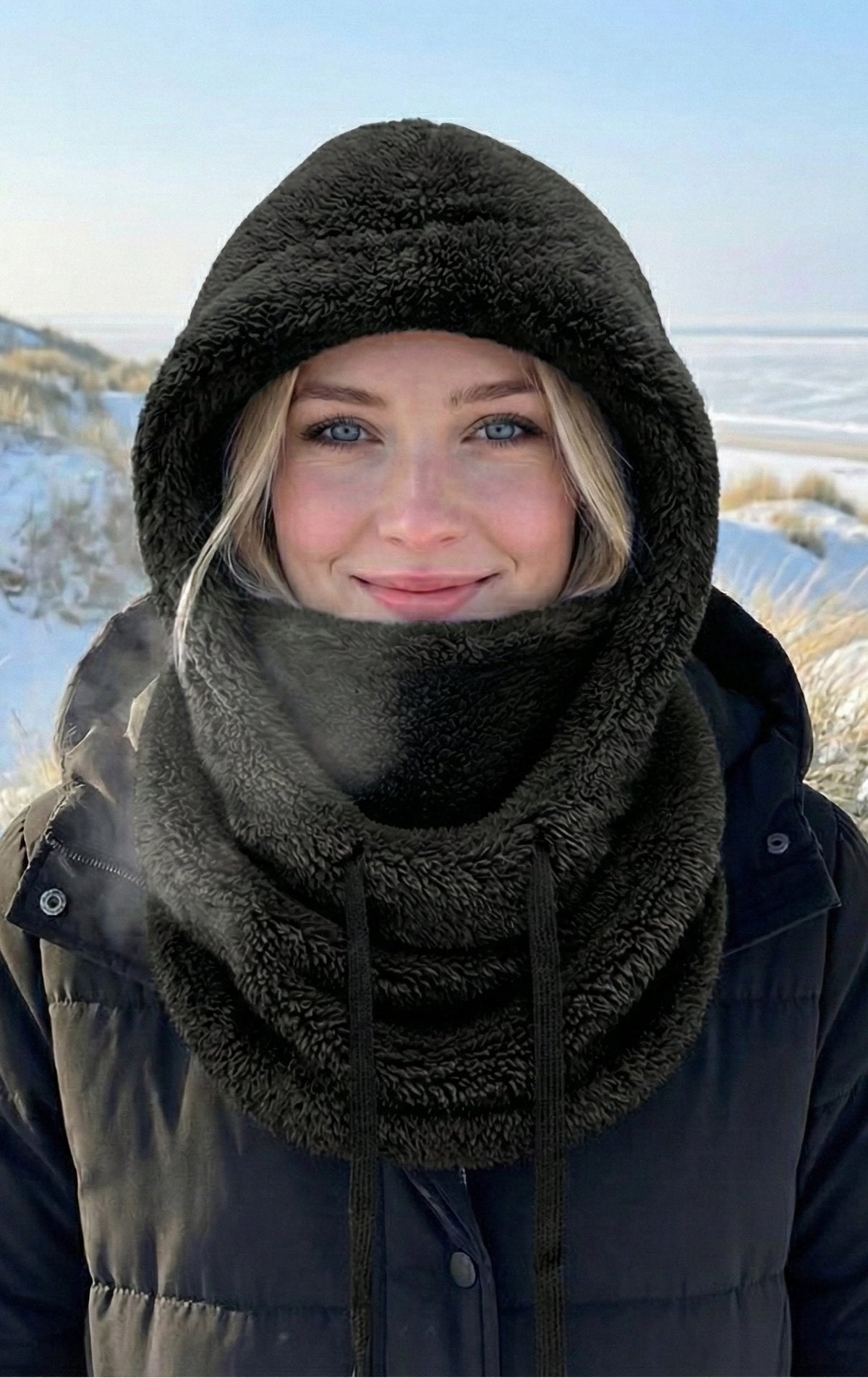 Women's Hooded Scarf Hat with Built-In Neck Warmer for Winter – Soft Knit One-Piece Cold Weather Hood | Thomler