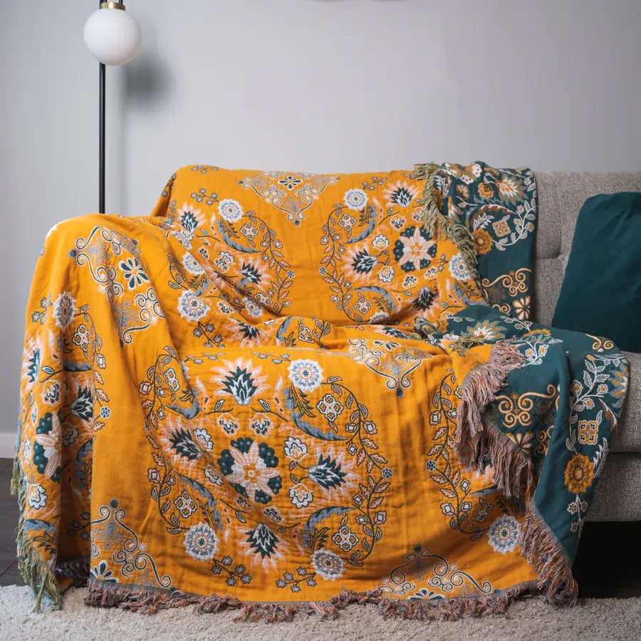Reversible Cotton Throw Blanket with Tassels – Bohemian Floral Design for Couch, Sofa, or Bed – Warm & Decorative Home Accent | Thomler