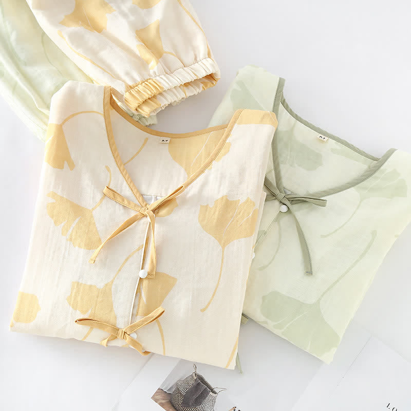 Women's Cotton Pajama Set with Ginkgo Leaf Print and Bow Tie Detail for Lounging at Home | Thomler