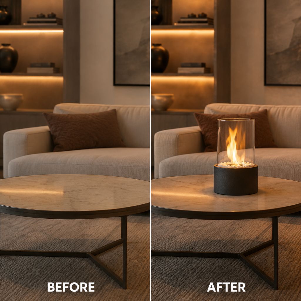 Tabletop Ethanol Burner with Glass Cylinder & Marble Base for Indoor Outdoor Patio Dining Living Room Portable Flame Centerpiece Decor | Thomler