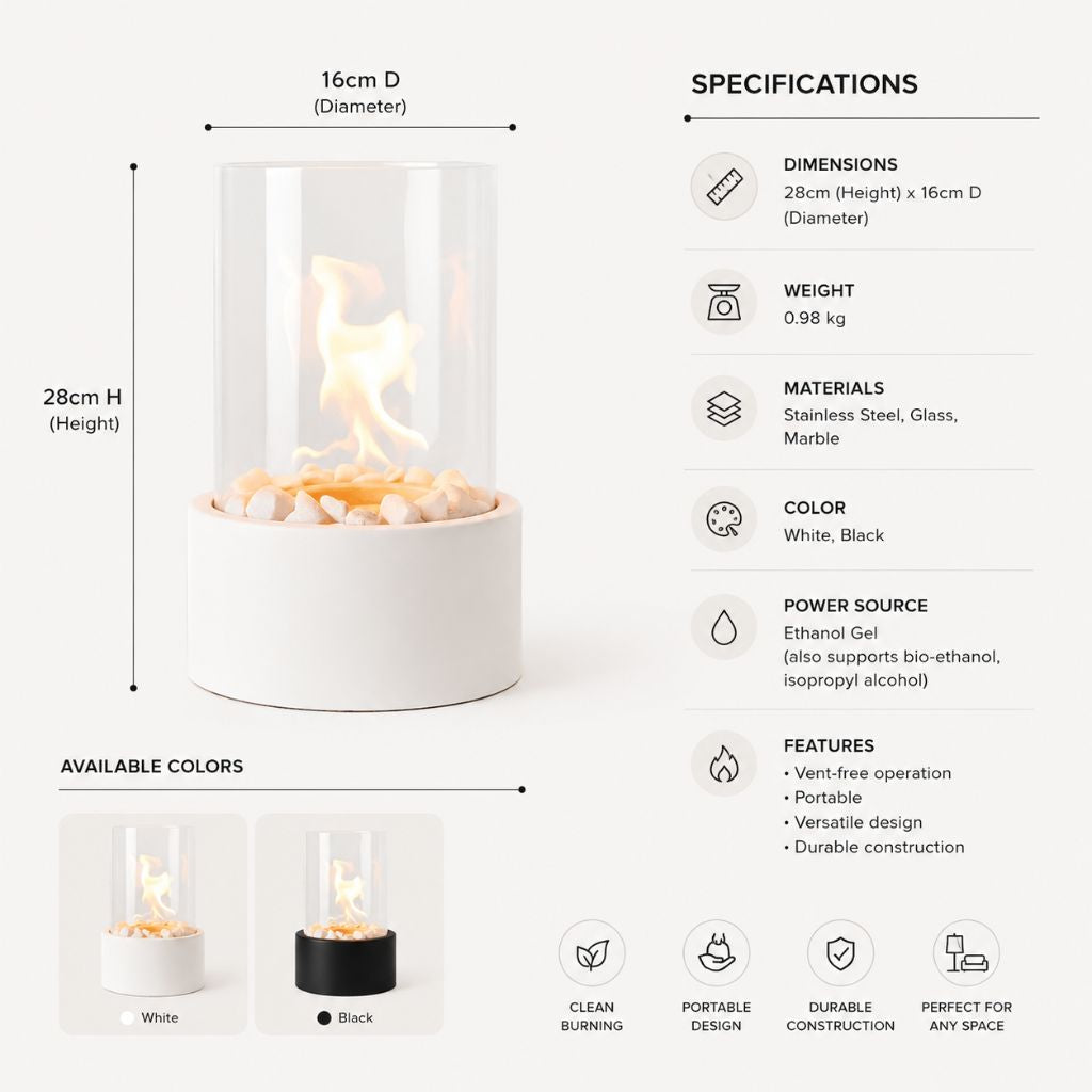 Tabletop Ethanol Burner with Glass Cylinder & Marble Base for Indoor Outdoor Patio Dining Living Room Portable Flame Centerpiece Decor | Thomler