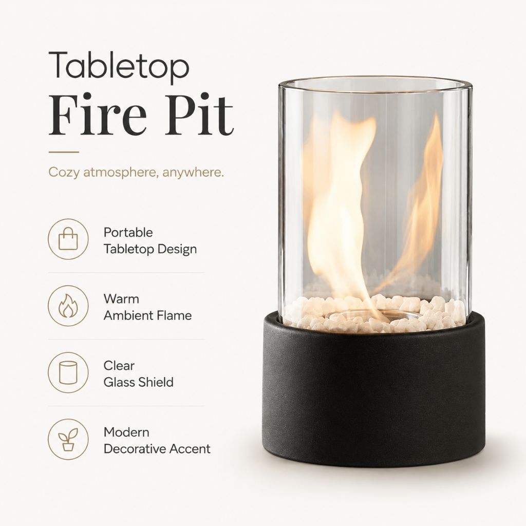 Tabletop Ethanol Burner with Glass Cylinder & Marble Base for Indoor Outdoor Patio Dining Living Room Portable Flame Centerpiece Decor | Thomler