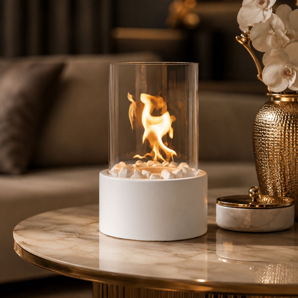 Tabletop Ethanol Burner with Glass Cylinder & Marble Base for Indoor Outdoor Patio Dining Living Room Portable Flame Centerpiece Decor | Thomler