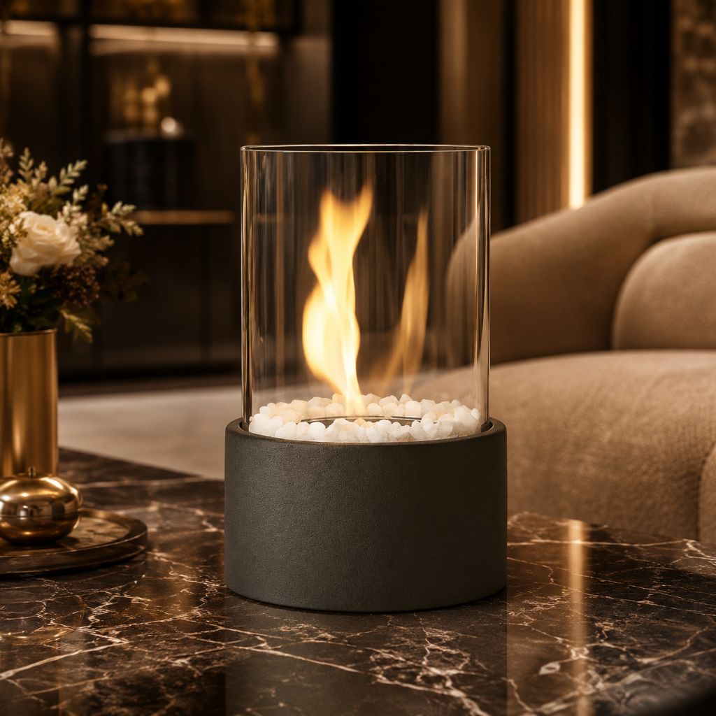 Tabletop Ethanol Burner with Glass Cylinder & Marble Base for Indoor Outdoor Patio Dining Living Room Portable Flame Centerpiece Decor | Thomler