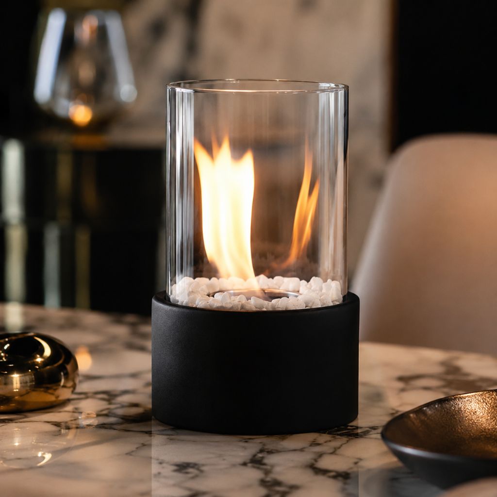 Tabletop Ethanol Burner with Glass Cylinder & Marble Base for Indoor Outdoor Patio Dining Living Room Portable Flame Centerpiece Decor | Thomler