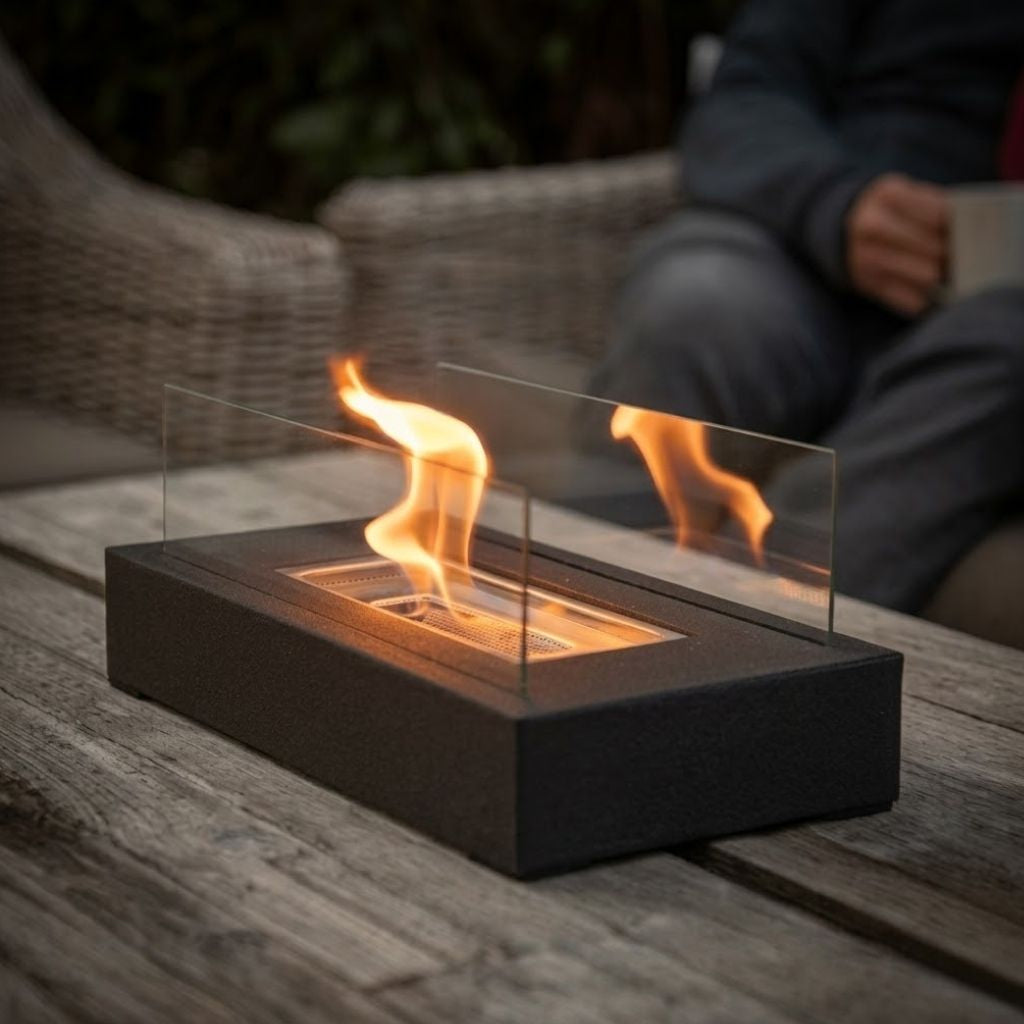 Portable Tabletop Fireplace Real Flame Bio Ethanol Burner for Indoor Outdoor Patio Living Room Rectangle Glass Steel Fire Pit Centerpiece | Thomler