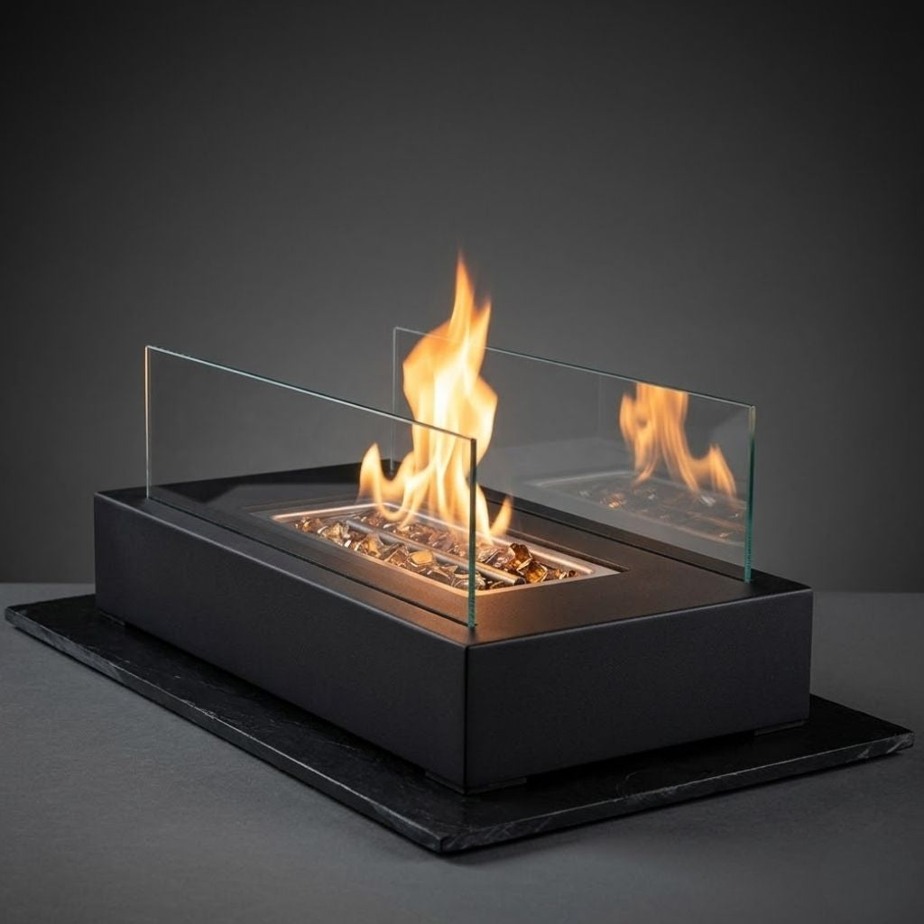 Portable Tabletop Fireplace Real Flame Bio Ethanol Burner for Indoor Outdoor Patio Living Room Rectangle Glass Steel Fire Pit Centerpiece | Thomler