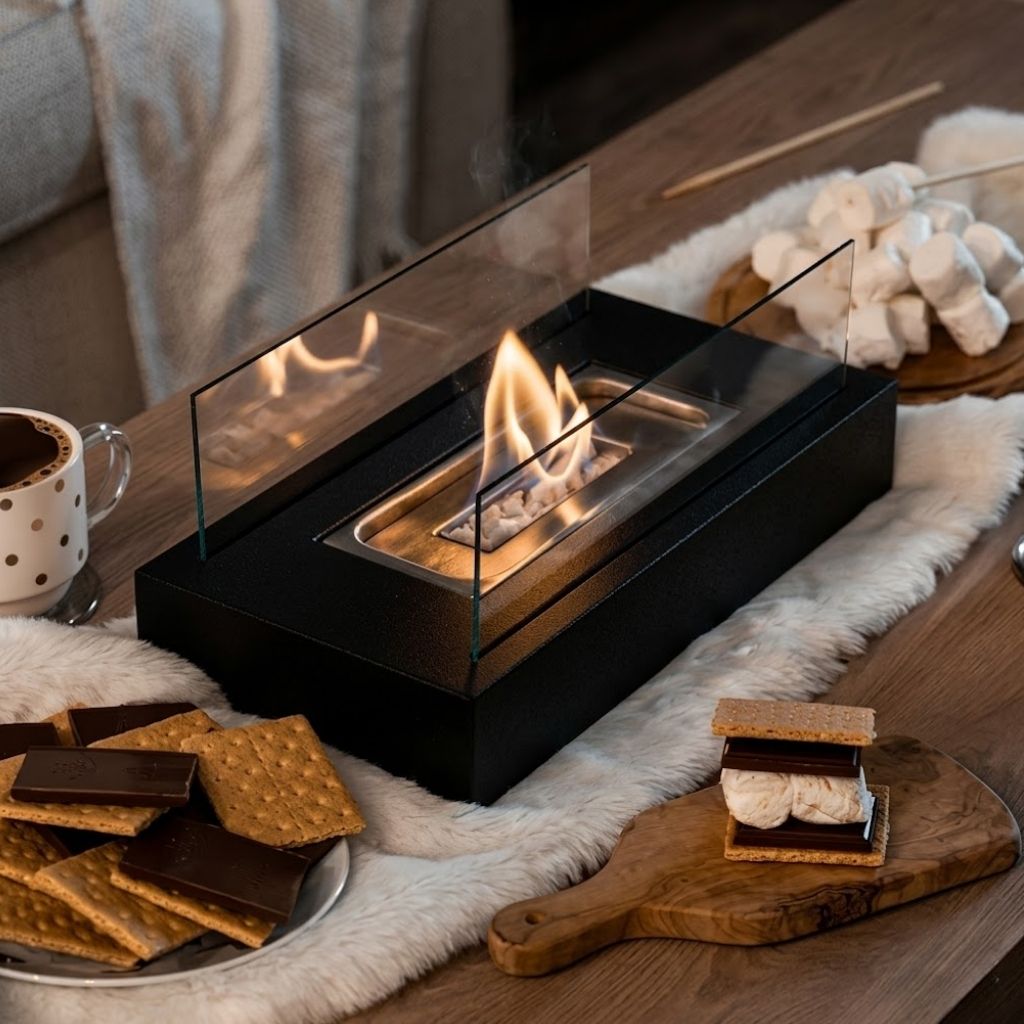 Portable Tabletop Fireplace Real Flame Bio Ethanol Burner for Indoor Outdoor Patio Living Room Rectangle Glass Steel Fire Pit Centerpiece | Thomler
