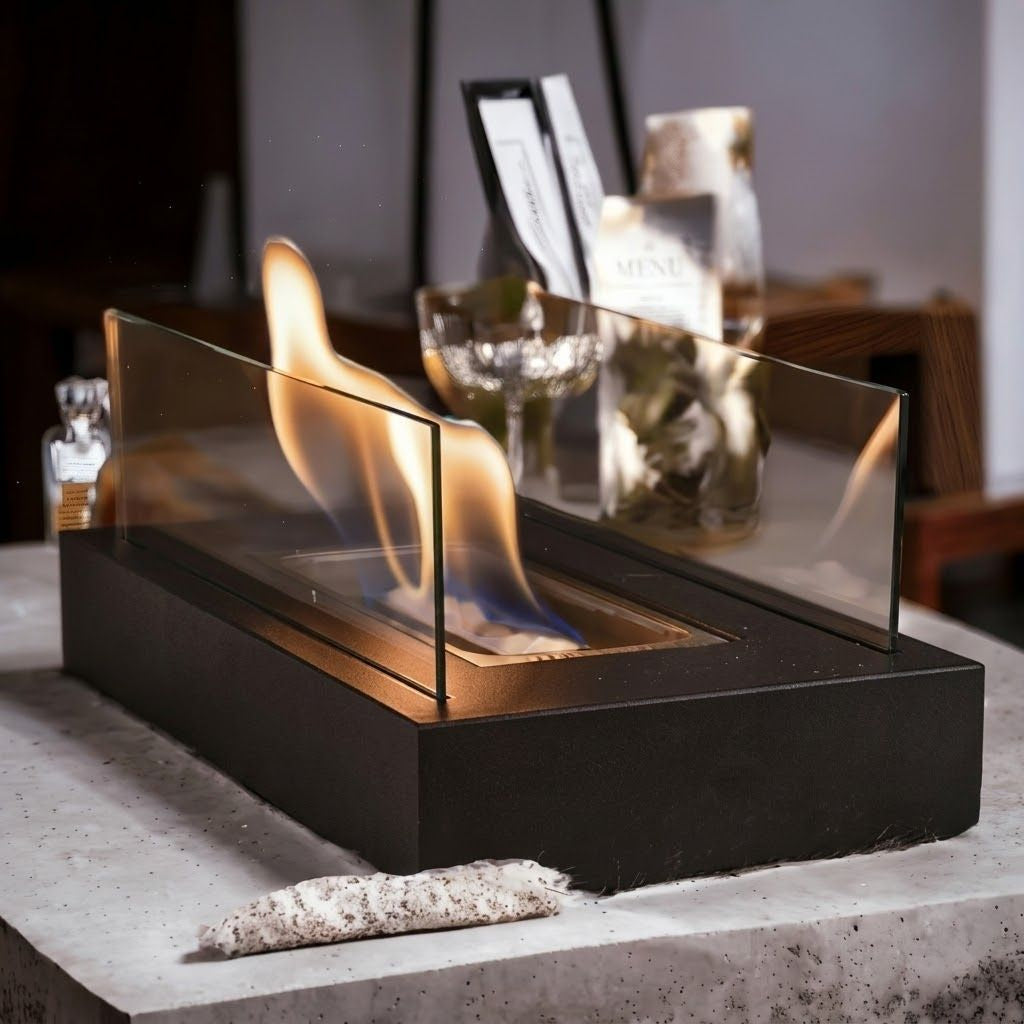 Portable Tabletop Fireplace Real Flame Bio Ethanol Burner for Indoor Outdoor Patio Living Room Rectangle Glass Steel Fire Pit Centerpiece | Thomler