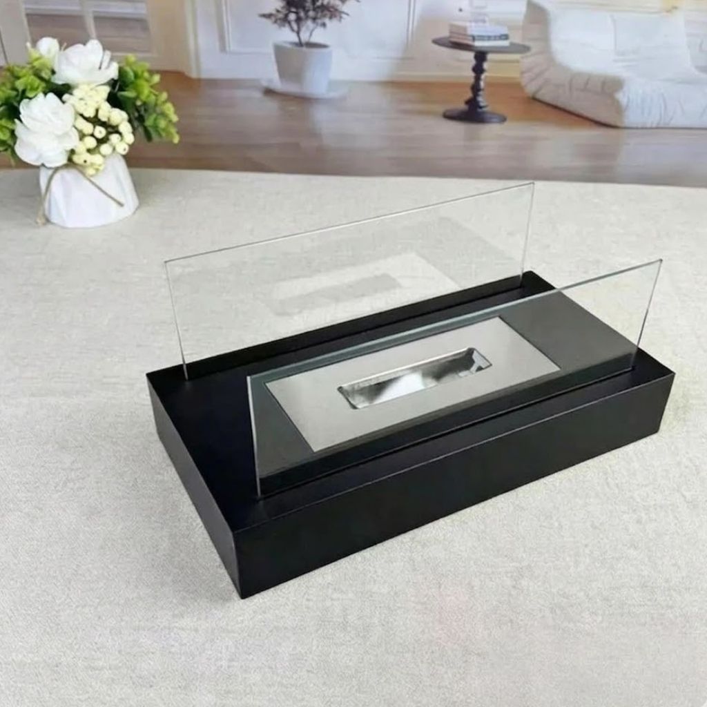 Portable Tabletop Fireplace Real Flame Bio Ethanol Burner for Indoor Outdoor Patio Living Room Rectangle Glass Steel Fire Pit Centerpiece | Thomler