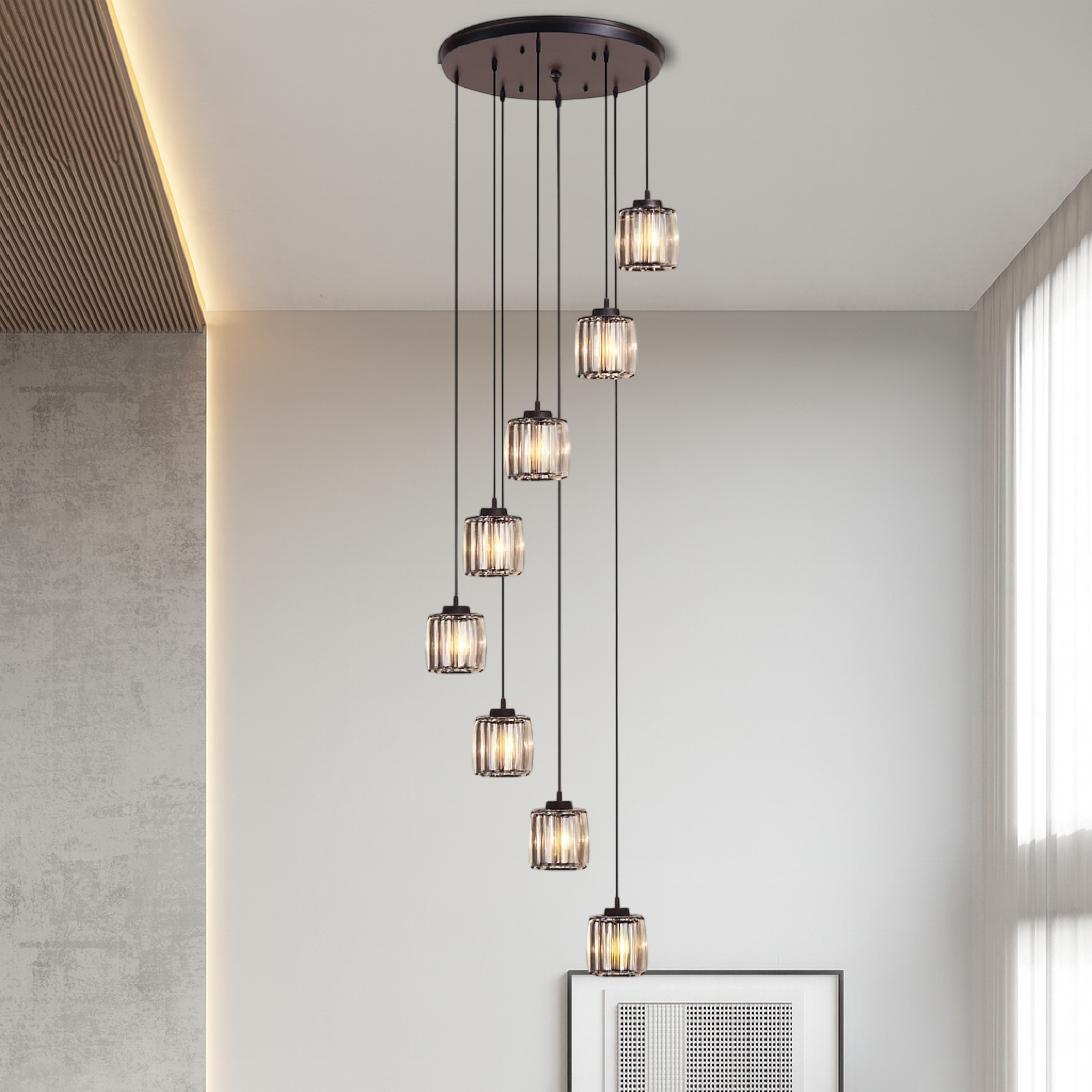 Pendant Light Glass Metal 13.0 cm x 15.0 cm Adjustable Black Staircase Foyer Hanging Chandelier 5-8 Tier Luxury Stair Lighting | Thomler
