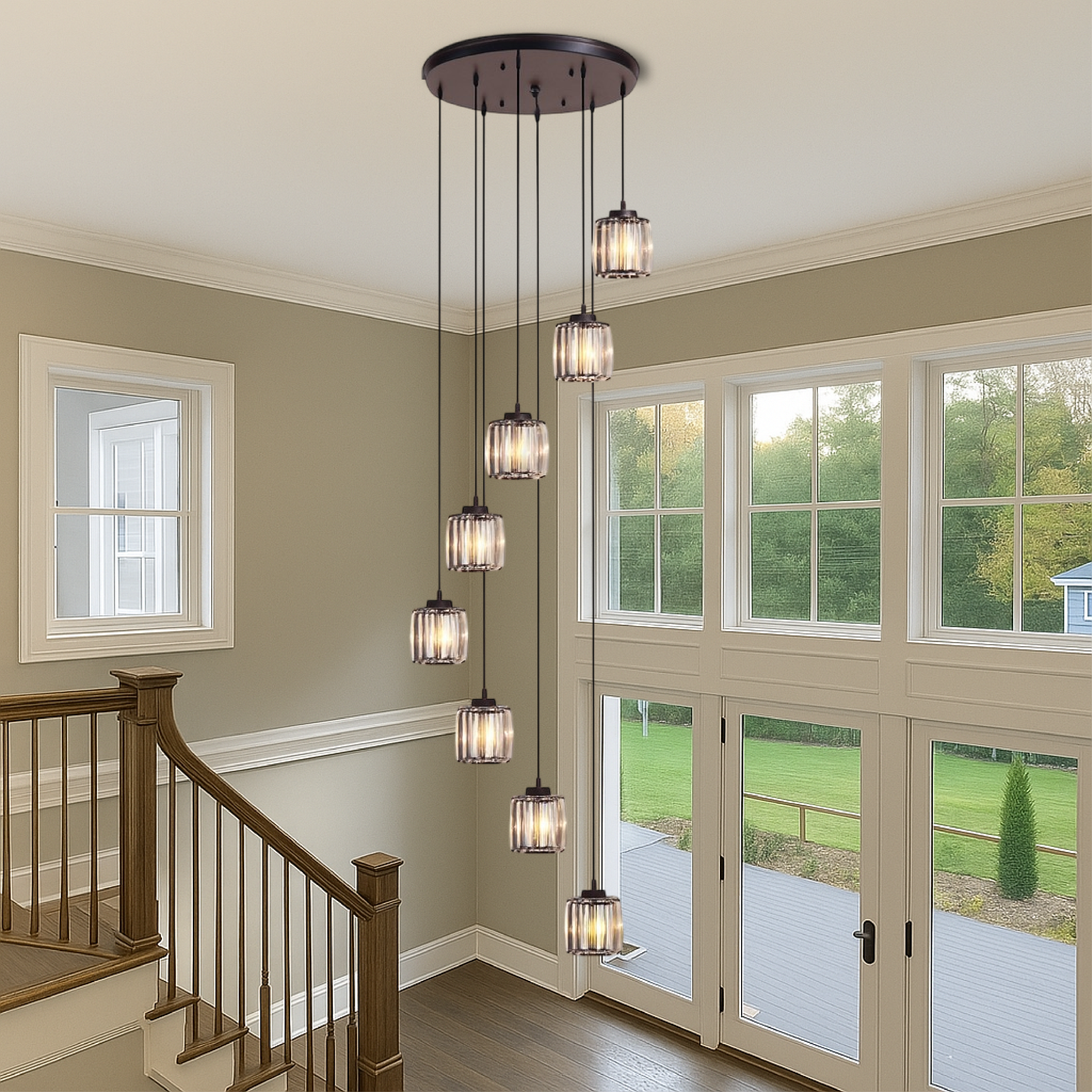 Pendant Light Glass Metal 13.0 cm x 15.0 cm Adjustable Black Staircase Foyer Hanging Chandelier 5-8 Tier Luxury Stair Lighting | Thomler