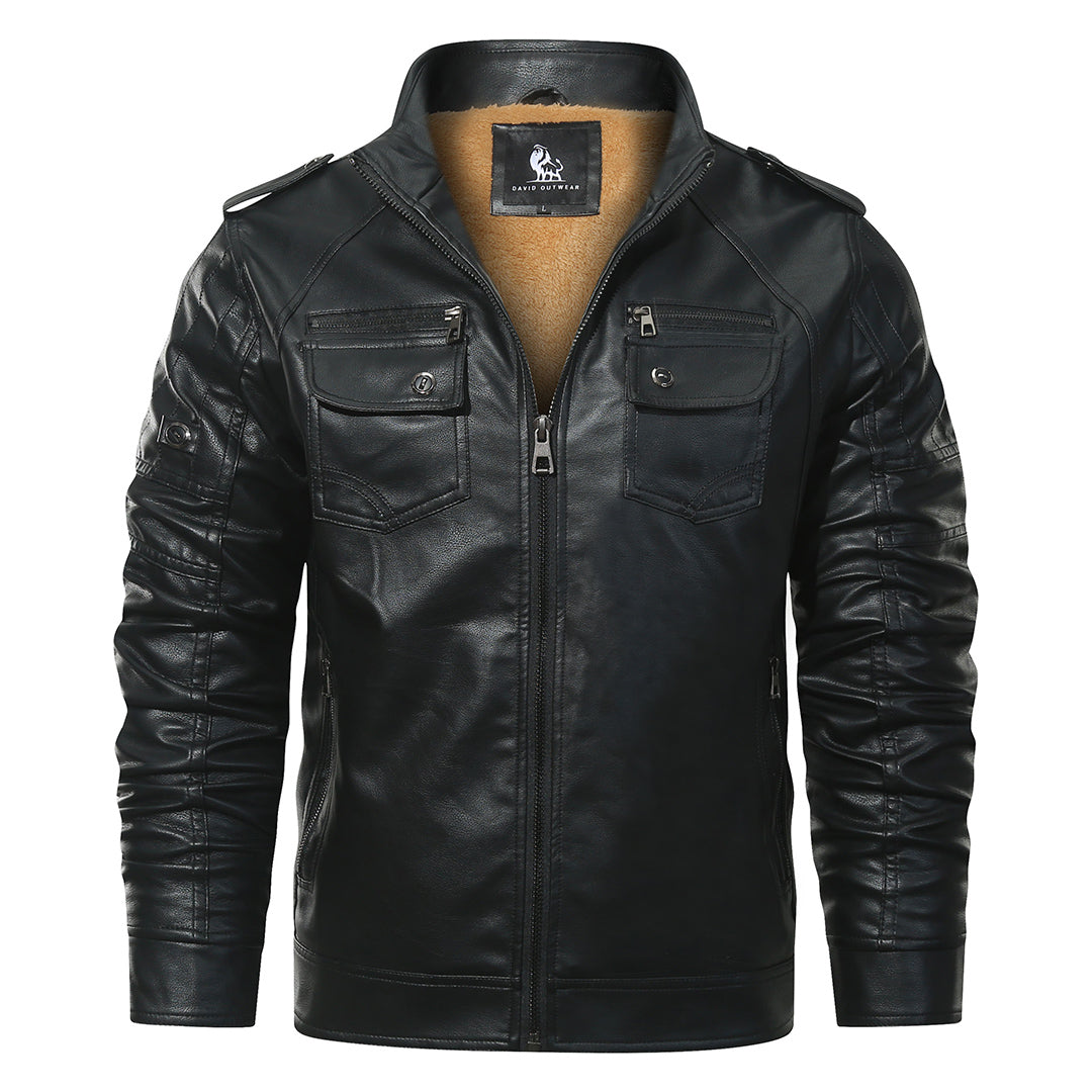 Faux Leather Moto Jacket for Men – Black Fleece-Lined Biker Coat with Water-Resistant Finish | Thomler