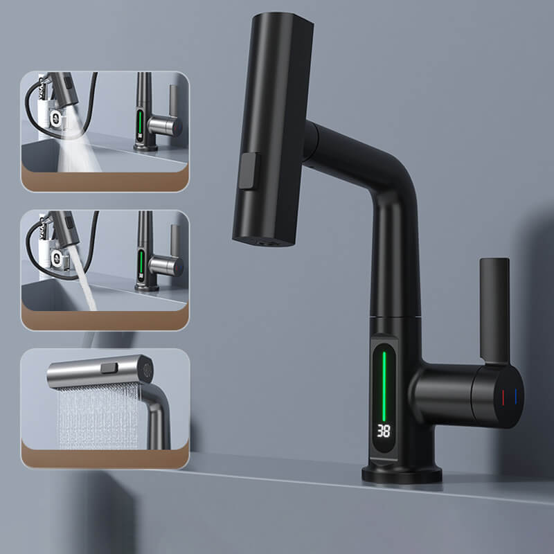 Kitchen Sink Faucet with Pull-Down Sprayer & LED Temperature Display – 360° Swivel, 5 Spray Settings, Brushed Nickel Finish for Modern Homes | Thomler