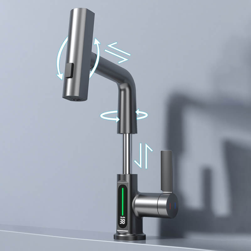 Kitchen Sink Faucet with Pull-Down Sprayer & LED Temperature Display – 360° Swivel, 5 Spray Settings, Brushed Nickel Finish for Modern Homes | Thomler