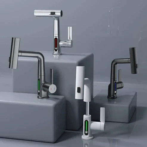 Kitchen Sink Faucet with Pull-Down Sprayer & LED Temperature Display – 360° Swivel, 5 Spray Settings, Brushed Nickel Finish for Modern Homes | Thomler