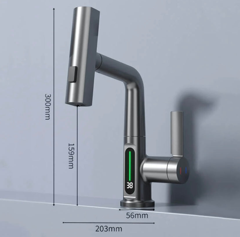 Kitchen Sink Faucet with Pull-Down Sprayer & LED Temperature Display – 360° Swivel, 5 Spray Settings, Brushed Nickel Finish for Modern Homes | Thomler