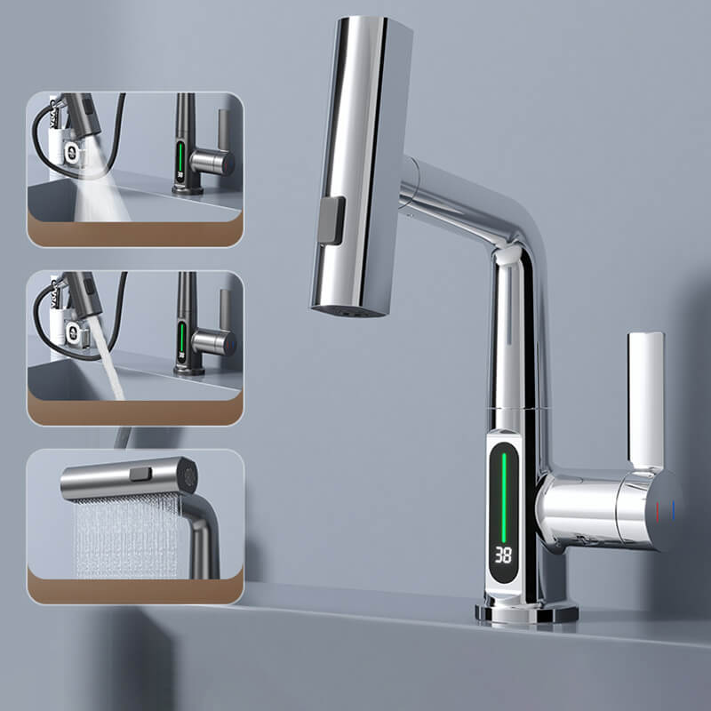 Kitchen Sink Faucet with Pull-Down Sprayer & LED Temperature Display – 360° Swivel, 5 Spray Settings, Brushed Nickel Finish for Modern Homes | Thomler