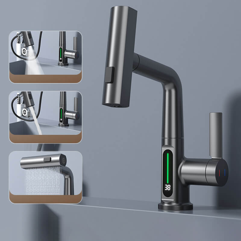 Kitchen Sink Faucet with Pull-Down Sprayer & LED Temperature Display – 360° Swivel, 5 Spray Settings, Brushed Nickel Finish for Modern Homes | Thomler