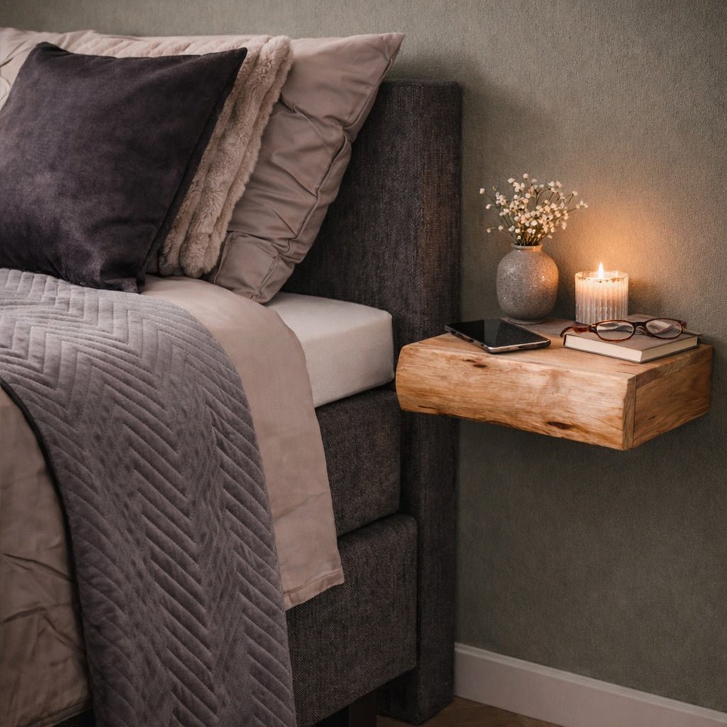Wall-Mounted Acacia Wood Nightstand Set – Floating Bedside Shelf Pair for Minimalist Bedrooms, Compact Guest Rooms & Modern Home Decor | Thomler