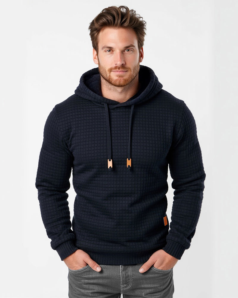 Hooded Sweater with Grid Texture – Slim-Fit Pullover for Men – Casual Layering Knit with Drawstring Hood – Everyday Comfort Hoodie | Thomler