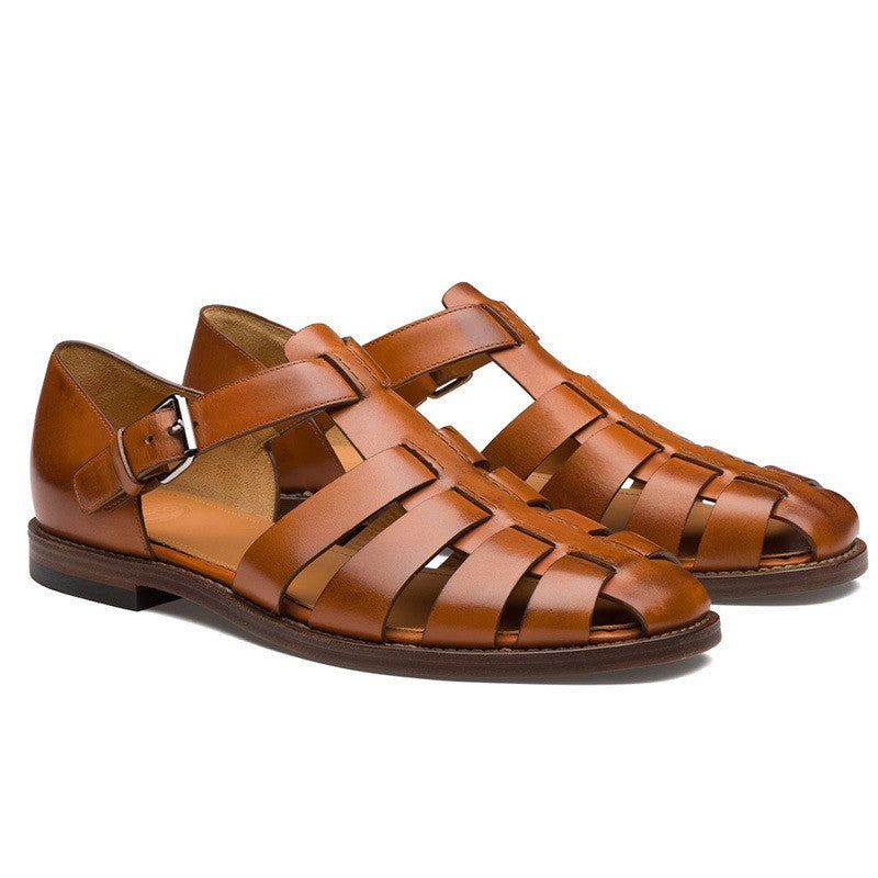 Closed-Toe Leather Sandals for Men with Adjustable Buckle Strap | Summer Casual Footwear | Breathable Open Design | Rubber Sole | Thomler