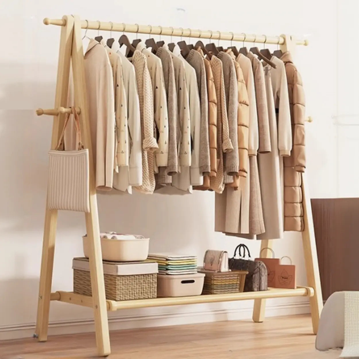 Coat Rack Beech Wood 150.0 cm Natural Hallway Bedroom Storage Stand Foldable A Frame Garment Organiser With Shelf Hooks | Thomler