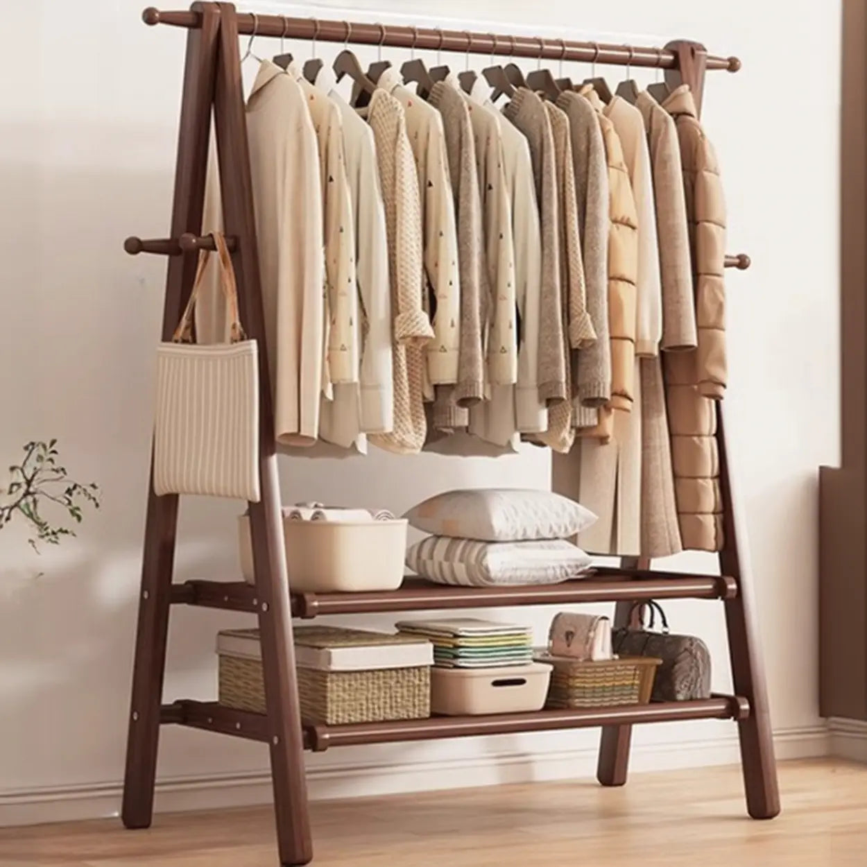 Coat Rack Beech Wood 150.0 cm Natural Hallway Bedroom Storage Stand Foldable A Frame Garment Organiser With Shelf Hooks | Thomler