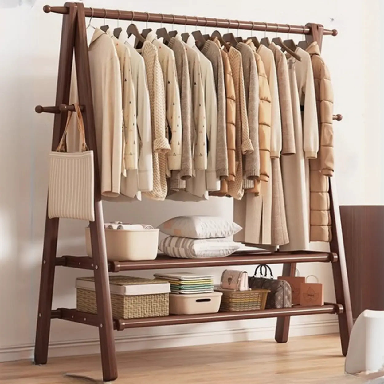 Coat Rack Beech Wood 150.0 cm Natural Hallway Bedroom Storage Stand Foldable A Frame Garment Organiser With Shelf Hooks | Thomler