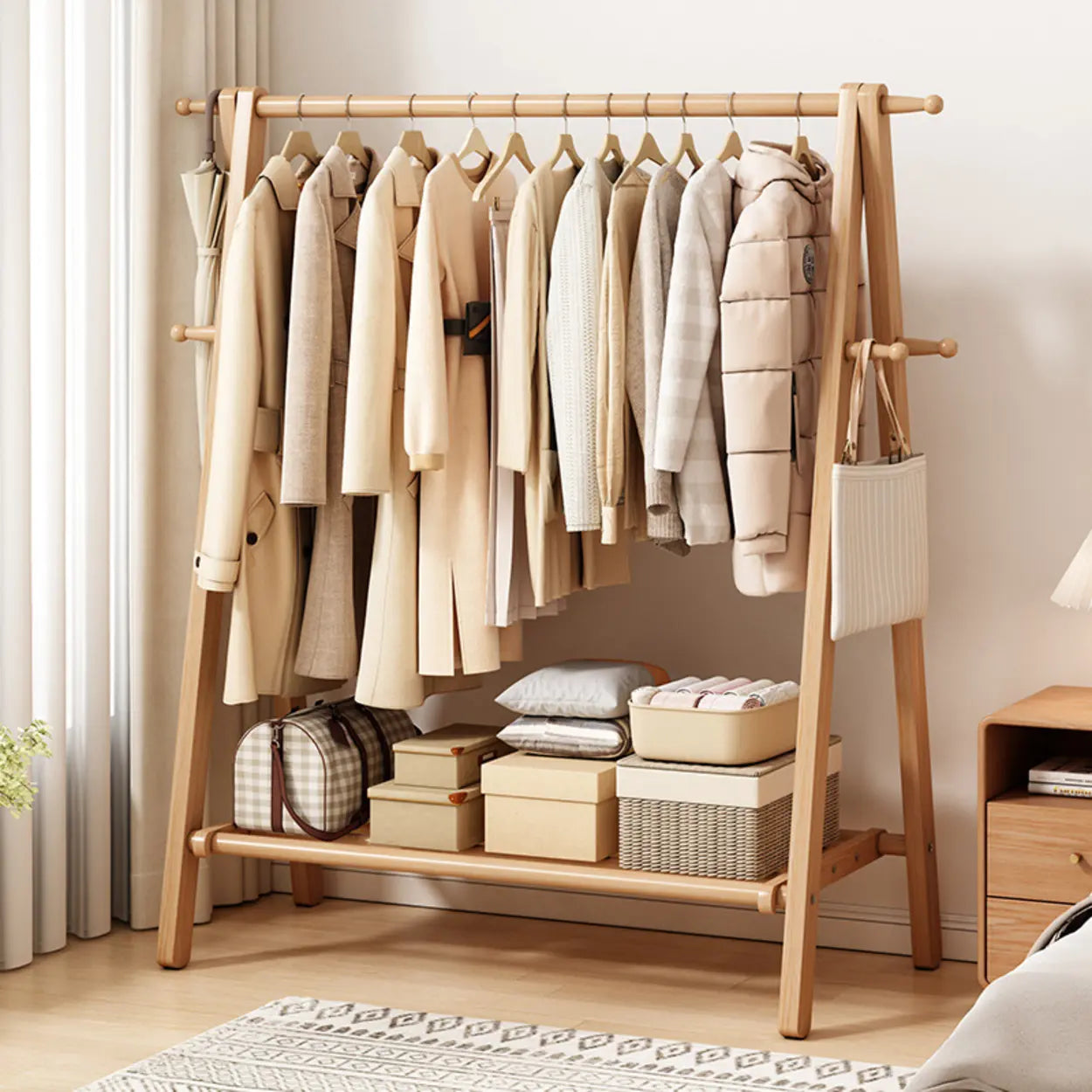 Coat Rack Beech Wood 150.0 cm Natural Hallway Bedroom Storage Stand Foldable A Frame Garment Organiser With Shelf Hooks | Thomler