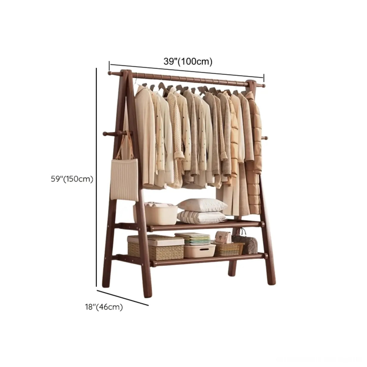 Coat Rack Beech Wood 150.0 cm Natural Hallway Bedroom Storage Stand Foldable A Frame Garment Organiser With Shelf Hooks | Thomler