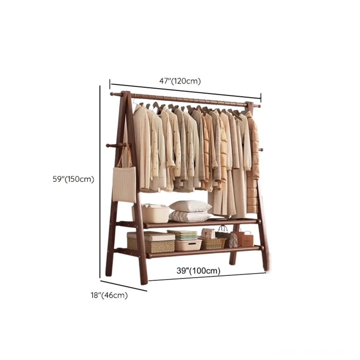 Coat Rack Beech Wood 150.0 cm Natural Hallway Bedroom Storage Stand Foldable A Frame Garment Organiser With Shelf Hooks | Thomler