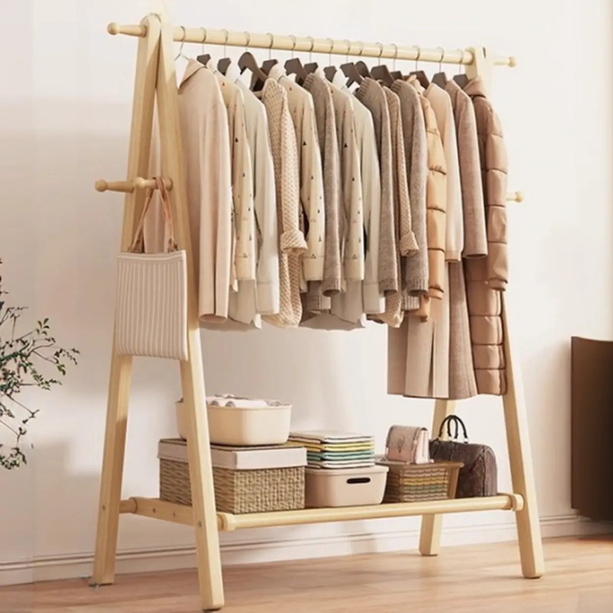 Coat Rack Beech Wood 150.0 cm Natural Hallway Bedroom Storage Stand Foldable A Frame Garment Organiser With Shelf Hooks | Thomler