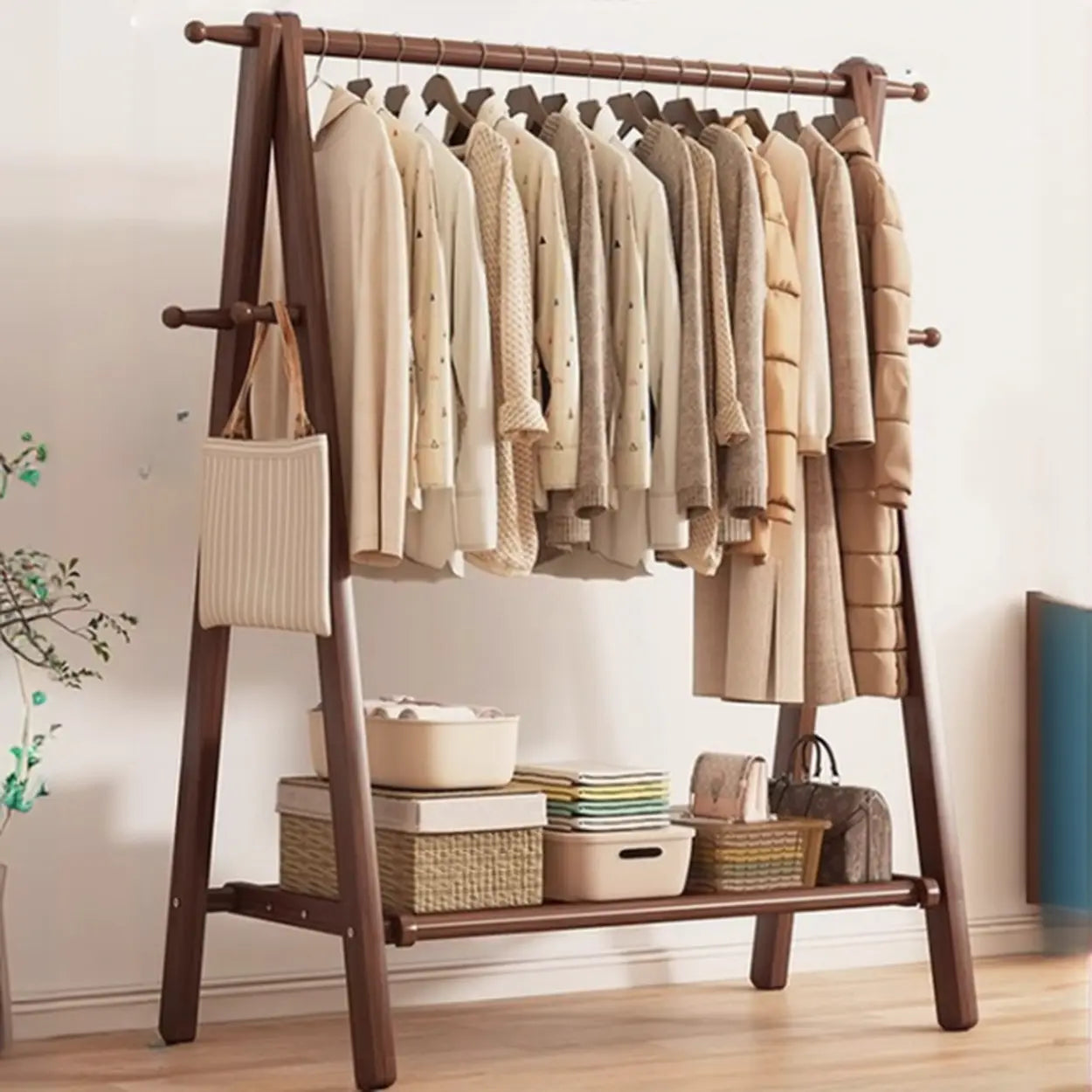 Coat Rack Beech Wood 150.0 cm Natural Hallway Bedroom Storage Stand Foldable A Frame Garment Organiser With Shelf Hooks | Thomler