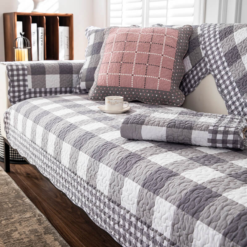 Plaid Cotton Furniture Protector Pad Set | Breathable Non-Slip Couch Cushion Cover for Sofa Seat Protection | Pet-Friendly Machine | Thomler