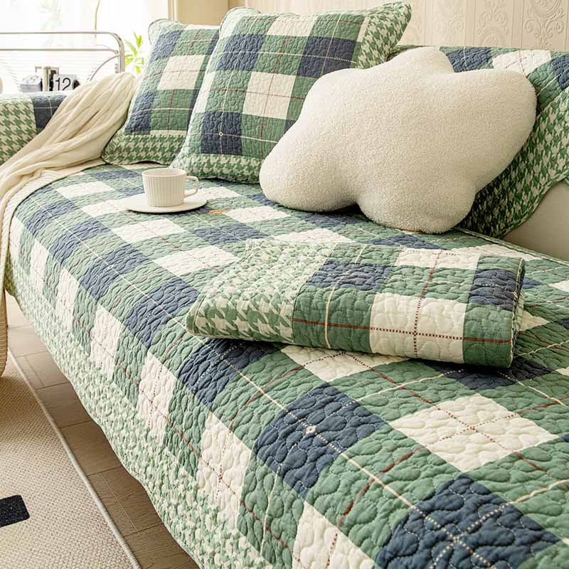 Plaid Cotton Furniture Protector Pad Set | Breathable Non-Slip Couch Cushion Cover for Sofa Seat Protection | Pet-Friendly Machine | Thomler